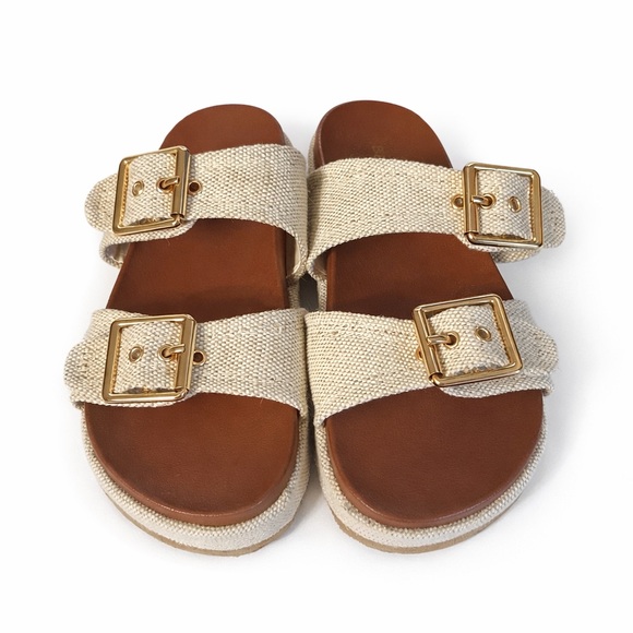 BAMBOO Beige Double Strap Slides NWT - Picture 2 of 3